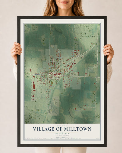 Map of Milltown, Wisconsin, 24 x 36 inch print in a black wood frame