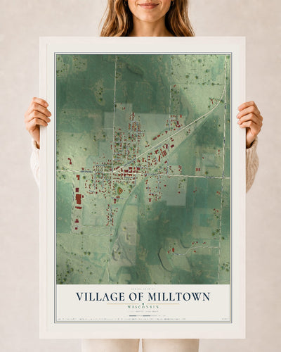 Map of Milltown, Wisconsin, 24 x 36 inch print in a white wood frame