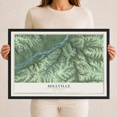 Map of Millville, Wisconsin, 12 x 18 inch print in a black wood frame