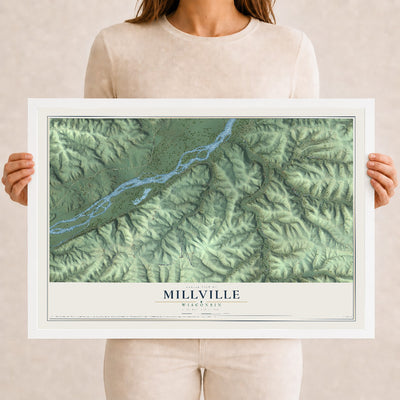 Map of Millville, Wisconsin, 12 x 18 inch print in a white wood frame