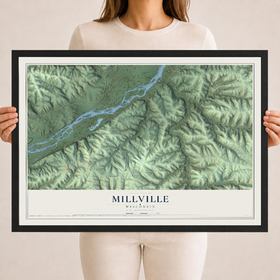 Map of Millville, Wisconsin, 18 x 24 inch print in a black wood frame