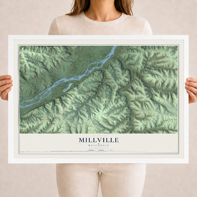Map of Millville, Wisconsin, 18 x 24 inch print in a white wood frame
