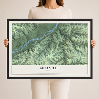 Map of Millville, Wisconsin, 24 x 36 inch print in a black wood frame