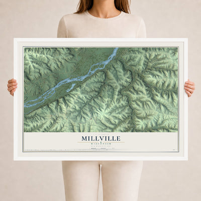 Map of Millville, Wisconsin, 24 x 36 inch print in a white wood frame