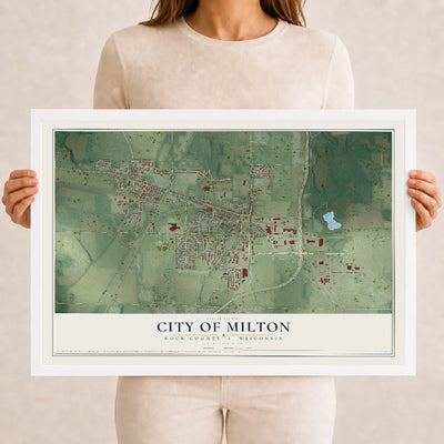 Map of Milton, Wisconsin, 12 x 18 inch print in a white wood frame