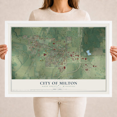 Map of Milton, Wisconsin, 18 x 24 inch print in a white wood frame