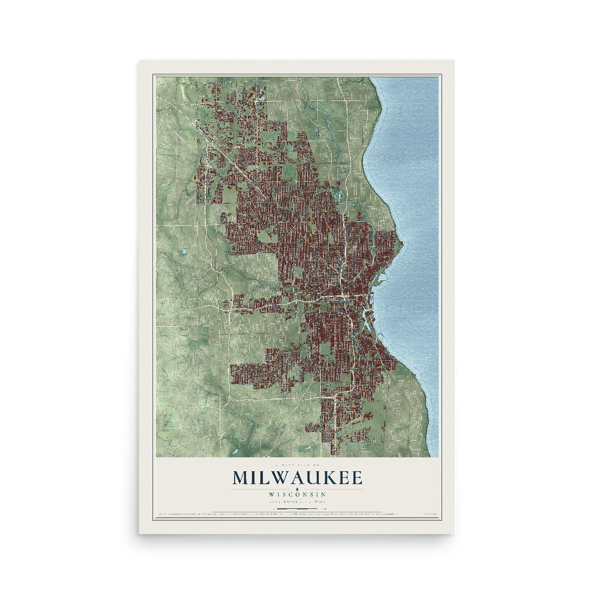 Map of Milwaukee, Wisconsin, 12 x 18 inch unframed archival matte print