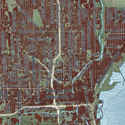 Second close-up of the map of Milwaukee, Wisconsin print showing more streets and buildings