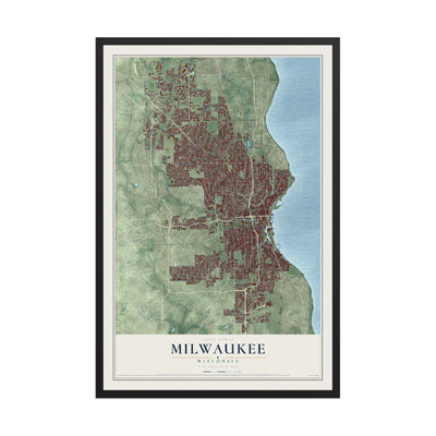 Map of Milwaukee, Wisconsin, 12 x 18 inch print in a black wood frame