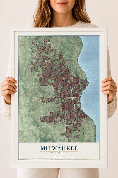Map of Milwaukee, Wisconsin, 18 x 24 inch print in a white wood frame