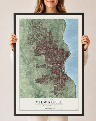 Map of Milwaukee, Wisconsin, 24 x 36 inch print in a black wood frame