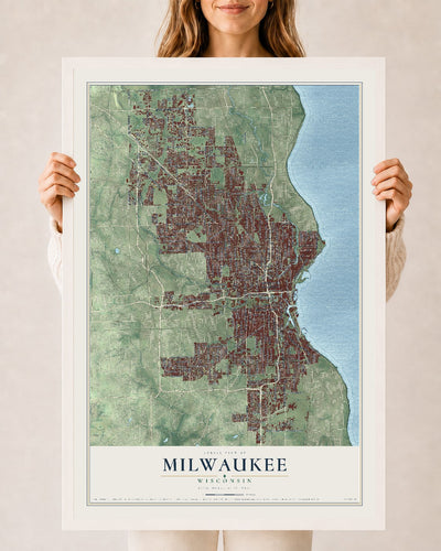 Map of Milwaukee, Wisconsin, 24 x 36 inch print in a white wood frame