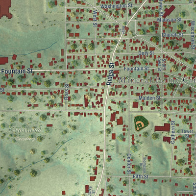 Close-up of the map of Mineral Point, Wisconsin print showing street and building detail