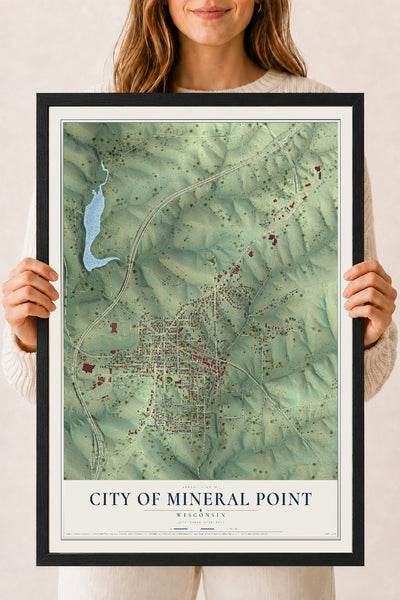 Map of Mineral Point, Wisconsin, 18 x 24 inch print in a black wood frame