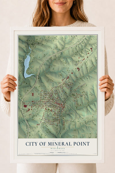 Map of Mineral Point, Wisconsin, 18 x 24 inch print in a white wood frame