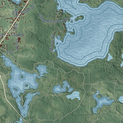Second close-up of the map of Minocqua, Wisconsin print showing more streets and buildings