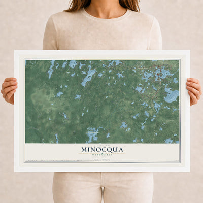 Map of Minocqua, Wisconsin, 12 x 18 inch print in a white wood frame
