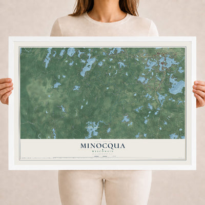 Map of Minocqua, Wisconsin, 18 x 24 inch print in a white wood frame