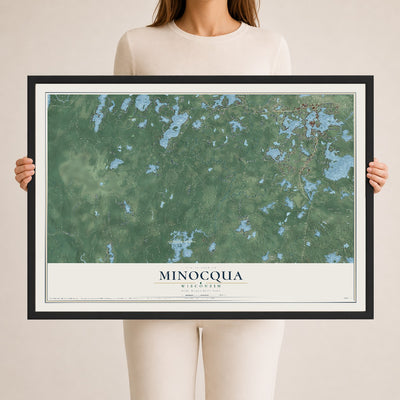 Map of Minocqua, Wisconsin, 24 x 36 inch print in a black wood frame