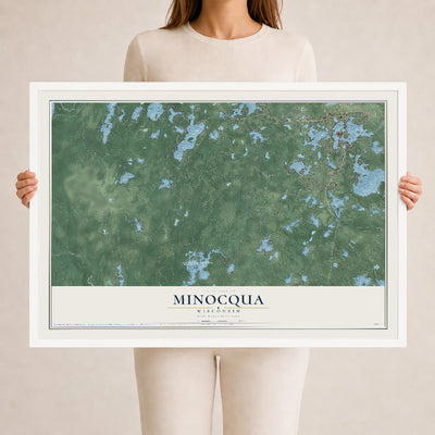 Map of Minocqua, Wisconsin, 24 x 36 inch print in a white wood frame