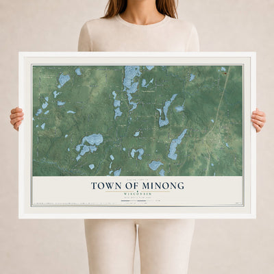 Map of the Town of Minong, Wisconsin, 24 x 36 inch print in a white wood frame