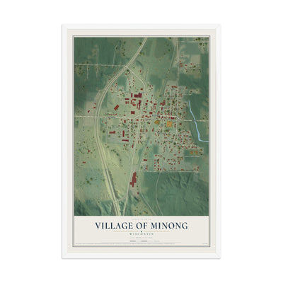 Map of Minong, Wisconsin, 12 x 18 inch print in a white wood frame