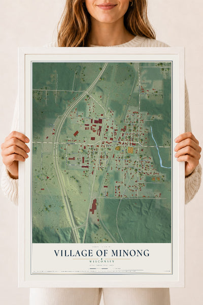 Map of Minong, Wisconsin, 18 x 24 inch print in a white wood frame