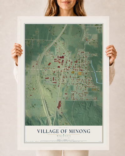 Map of Minong, Wisconsin, 24 x 36 inch print in a white wood frame