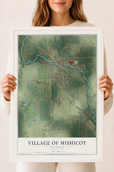 Map of Mishicot, Wisconsin, 18 x 24 inch print in a white wood frame