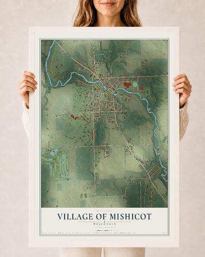 Map of Mishicot, Wisconsin, 24 x 36 inch print in a white wood frame
