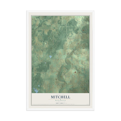 Map of Mitchell, Wisconsin, 12 x 18 inch print in a white wood frame