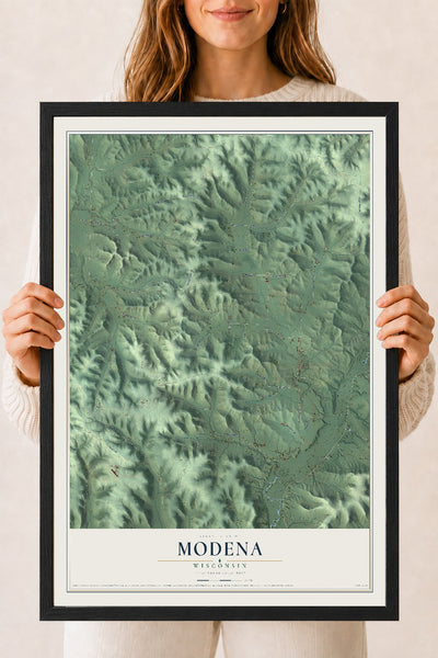 Map of Modena, Wisconsin, 18 x 24 inch print in a black wood frame