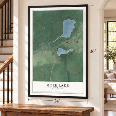 Mole Lake, Wisconsin map, 24 x 36 inch print in a black frame by a staircase