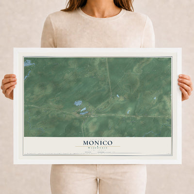 Map of Monico, Wisconsin, 12 x 18 inch print in a white wood frame