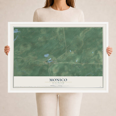 Map of Monico, Wisconsin, 24 x 36 inch print in a white wood frame