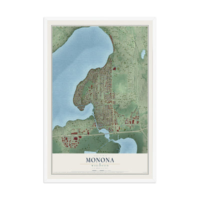 Map of Monona, Wisconsin, 12 x 18 inch print in a white wood frame