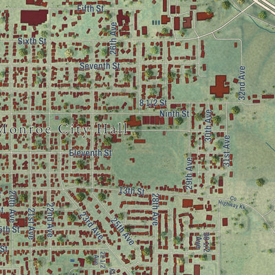 Second close-up of the map of Monroe, Wisconsin print showing more streets and buildings