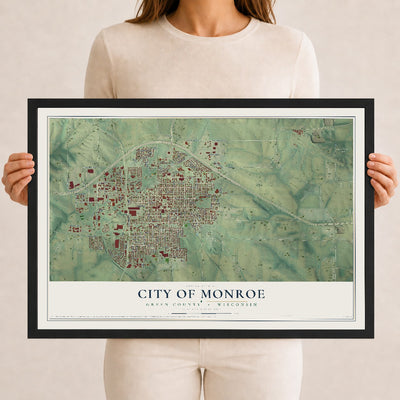 Map of Monroe, Wisconsin, 12 x 18 inch print in a black wood frame