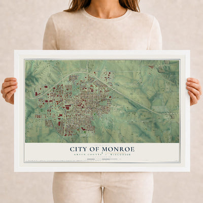 Map of Monroe, Wisconsin, 12 x 18 inch print in a white wood frame