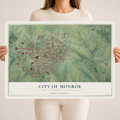 Map of Monroe, Wisconsin, 18 x 24 inch unframed archival matte print
