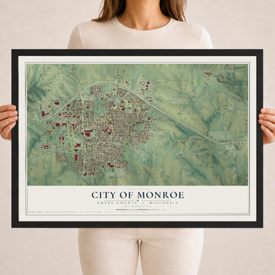 Map of Monroe, Wisconsin, 18 x 24 inch print in a black wood frame