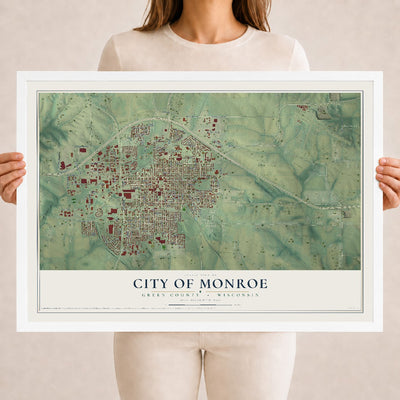 Map of Monroe, Wisconsin, 18 x 24 inch print in a white wood frame