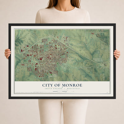 Map of Monroe, Wisconsin, 24 x 36 inch print in a black wood frame