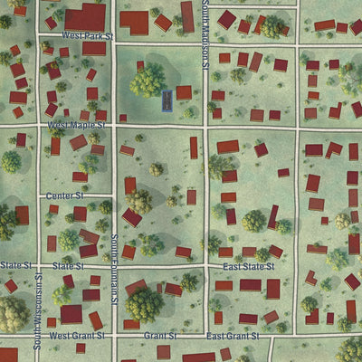 Close-up of the map of Montfort, Wisconsin print showing street and building detail