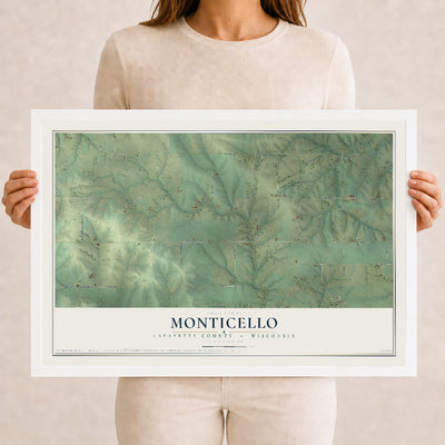 Map of Monticello, Lafayette County, Wisconsin, 12 x 18 inch print in a white wood frame