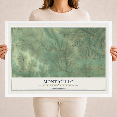 Map of Monticello, Lafayette County, Wisconsin, 18 x 24 inch print in a white wood frame
