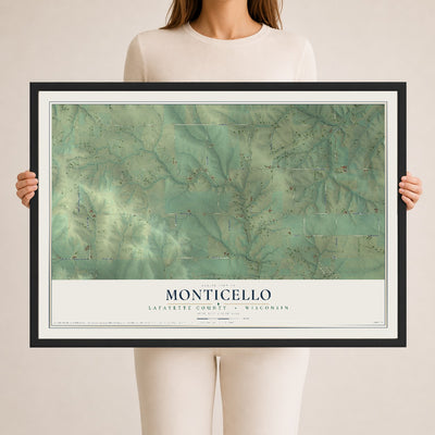 Map of Monticello, Lafayette County, Wisconsin, 24 x 36 inch print in a black wood frame