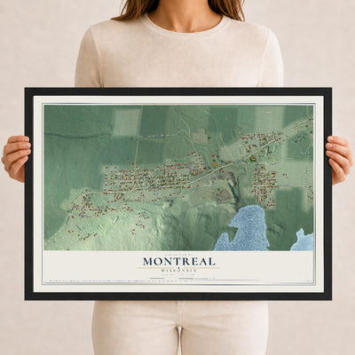Map of Montreal, Wisconsin, 12 x 18 inch print in a black wood frame