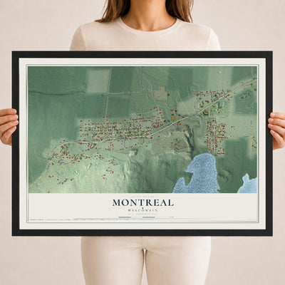Map of Montreal, Wisconsin, 18 x 24 inch print in a black wood frame