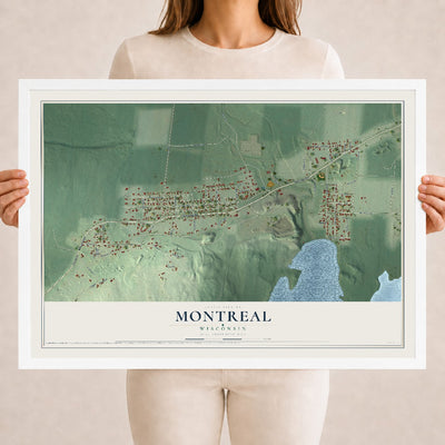 Map of Montreal, Wisconsin, 18 x 24 inch print in a white wood frame